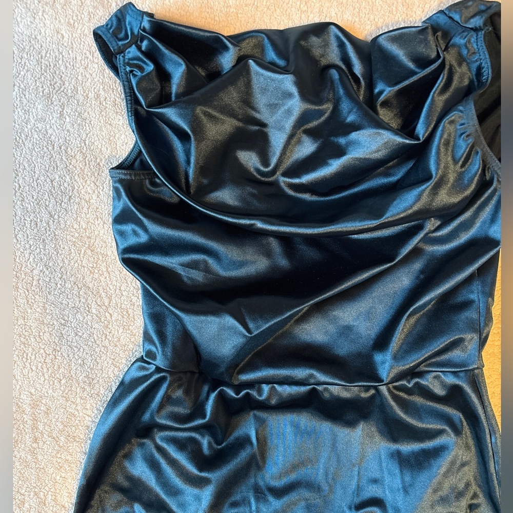 Revolution Dancewear Dark Teal Satin Midi Dress w Built in Leotard, Adult Small - Picture 2 of 9